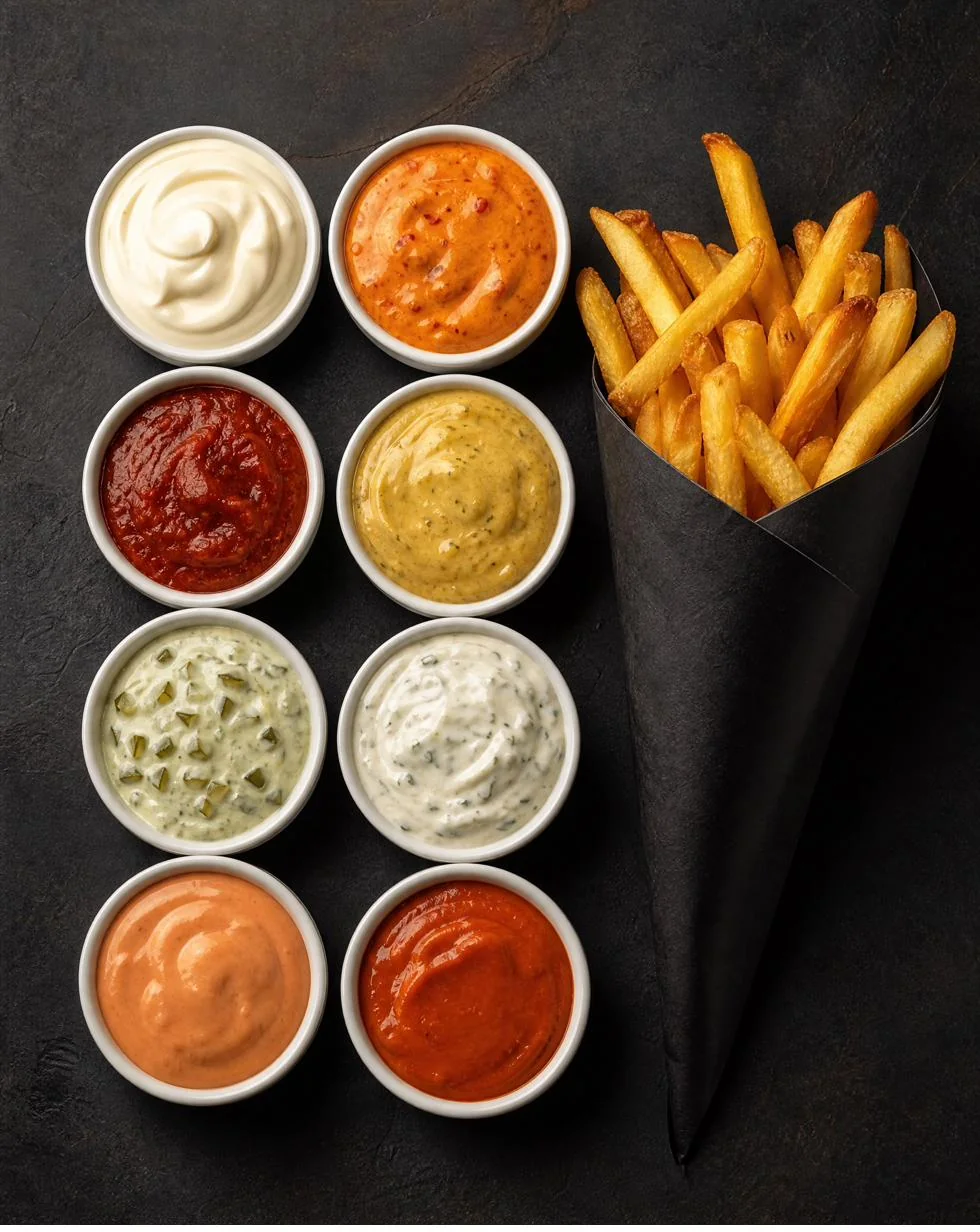 Línea de salsas VLAAMS junto al cono de patatas