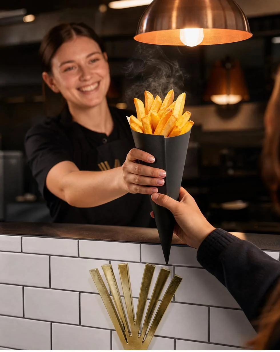 Equipo VLAAMS entregando un cono de patatas