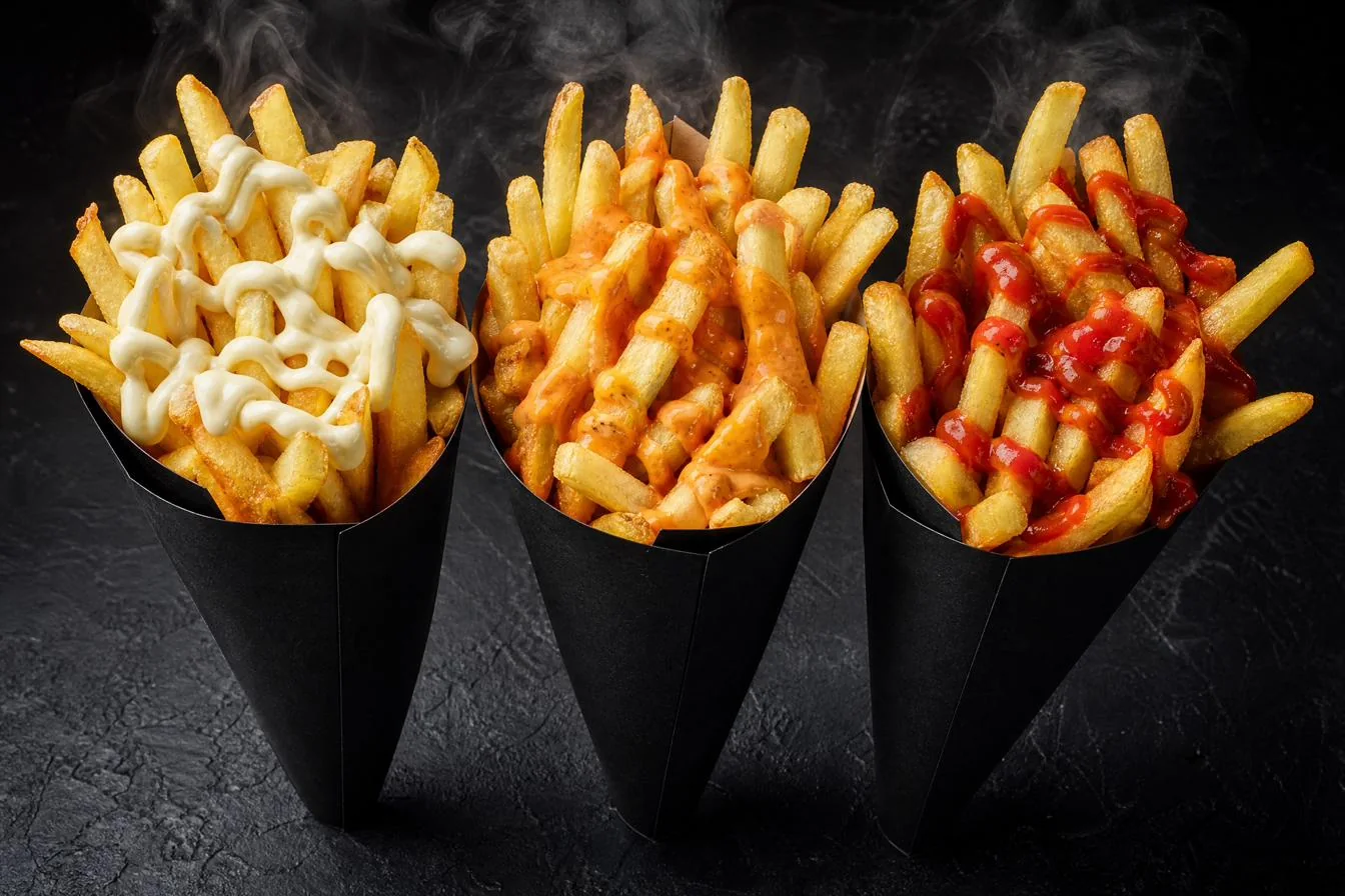 Tres conos VLAAMS: mayonesa, andalouse y ketchup